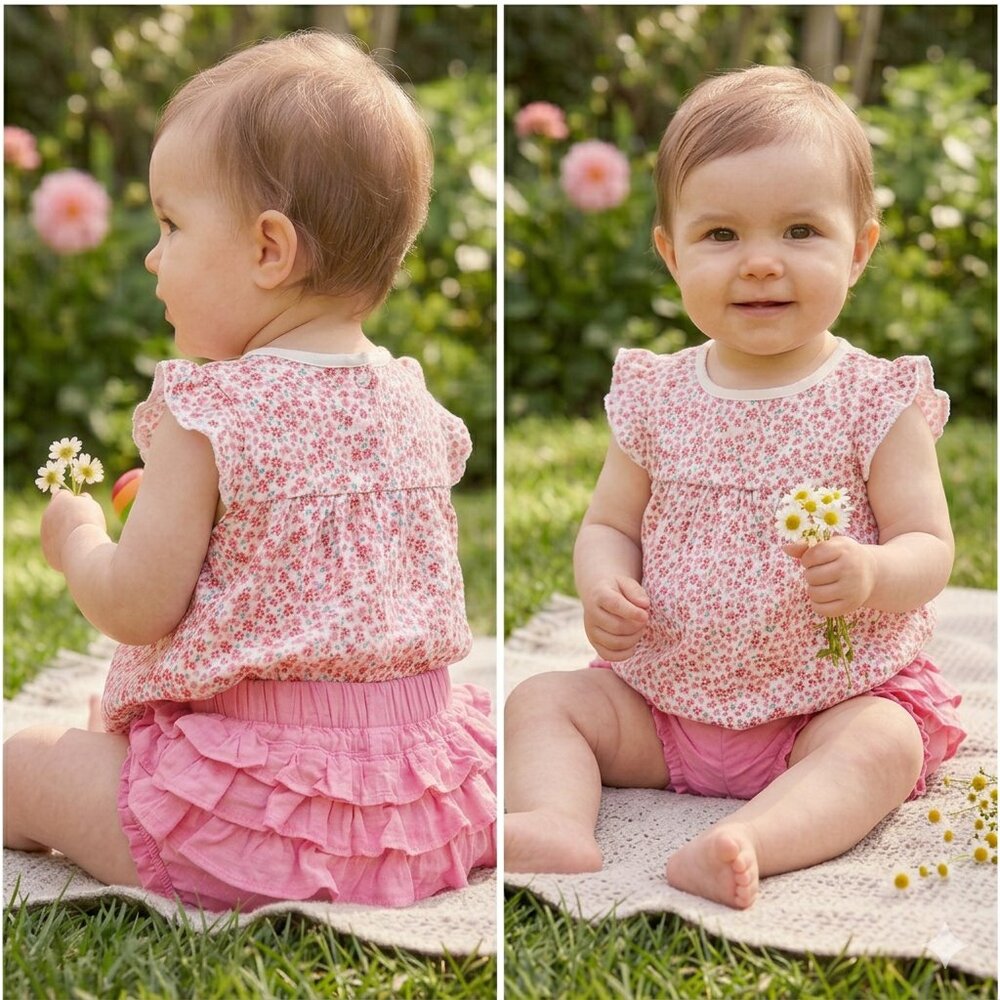 GAP Baby Pink Floral Top and Ruffle Shorts Set 12-18 Months